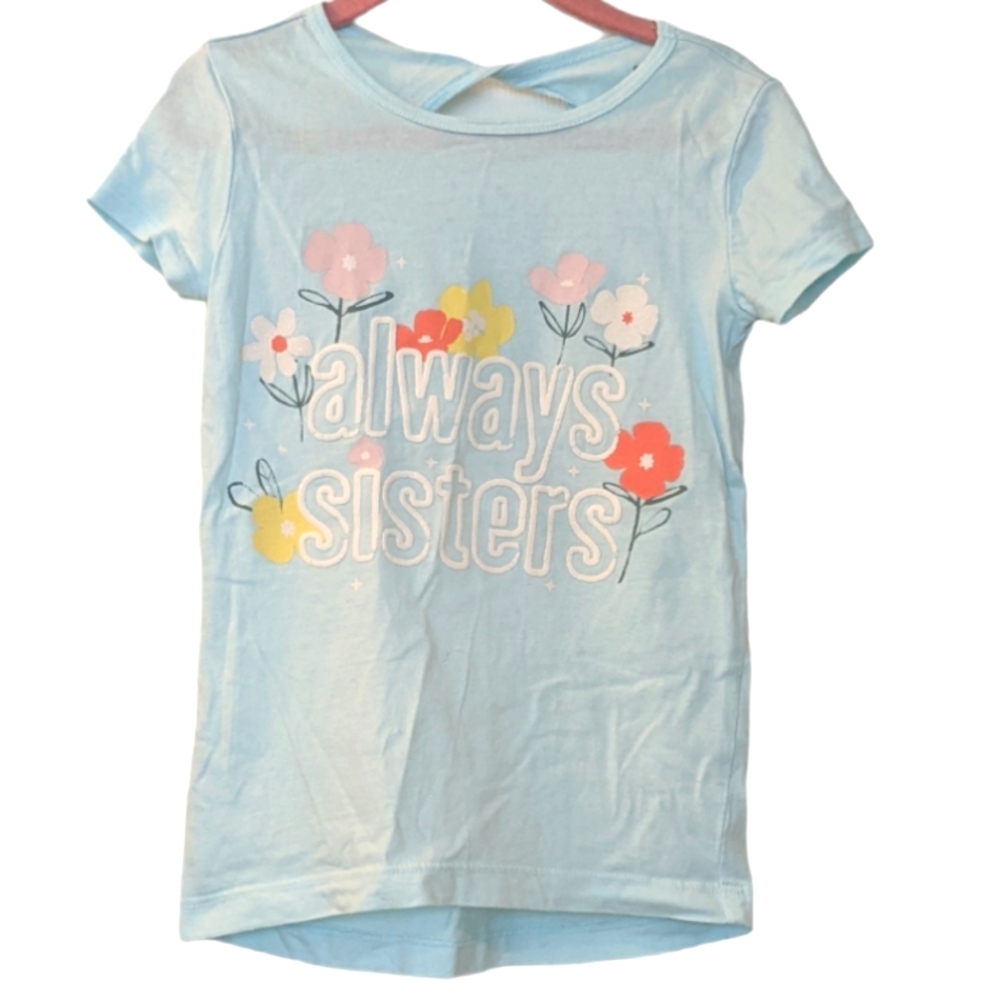 Carter's girls sister t-shirt size 5, light blue and flowers, peekaboo back